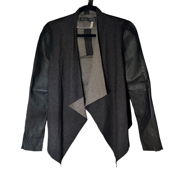 Stella & Jamie Jackets & Blazers - Stella Jamie Jacket Open Asymmetric Hem Crochet Drape Leather Sleeve Size Large